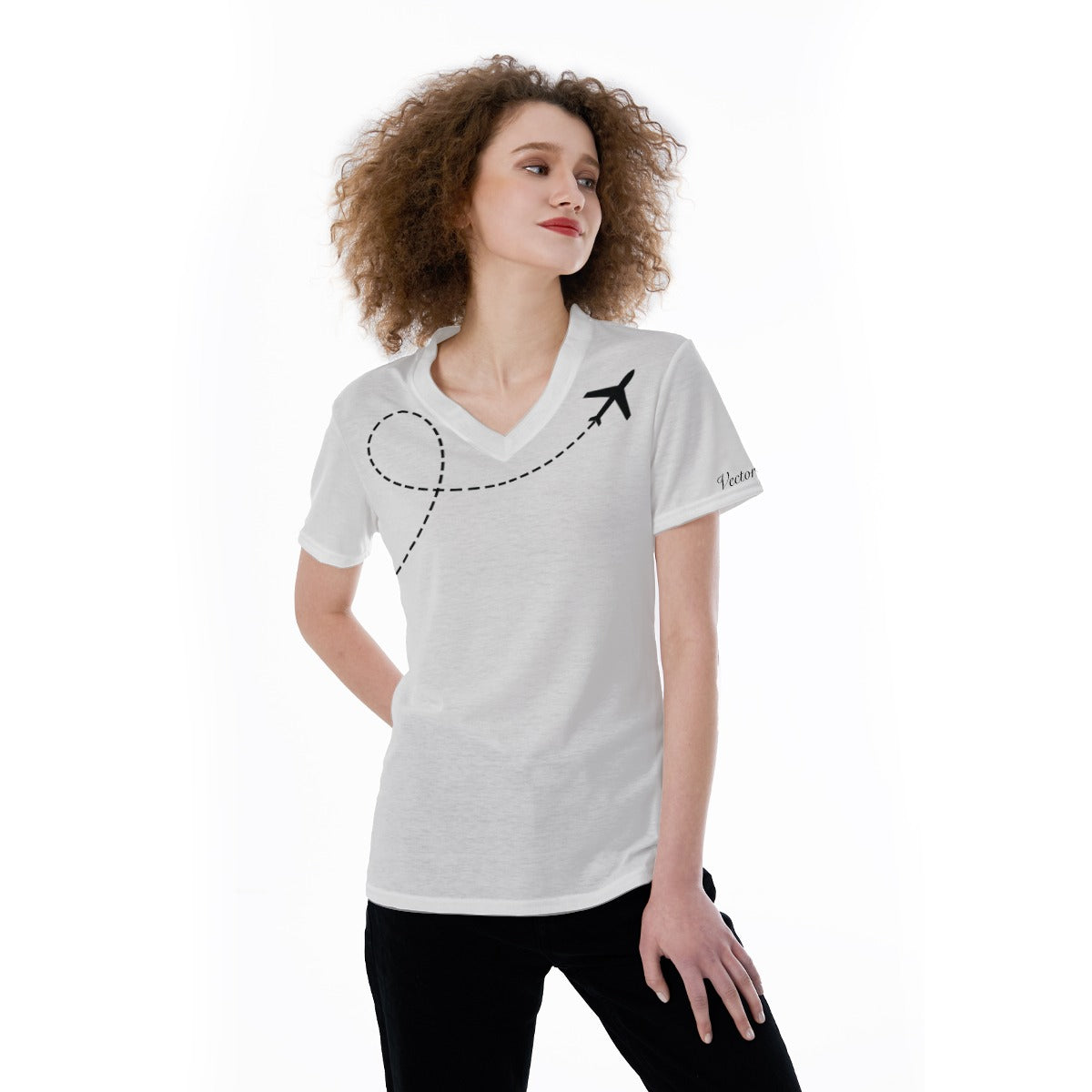 Women’s Aircraft Flight Path Graphic Tee – V-Neck Aviation Style