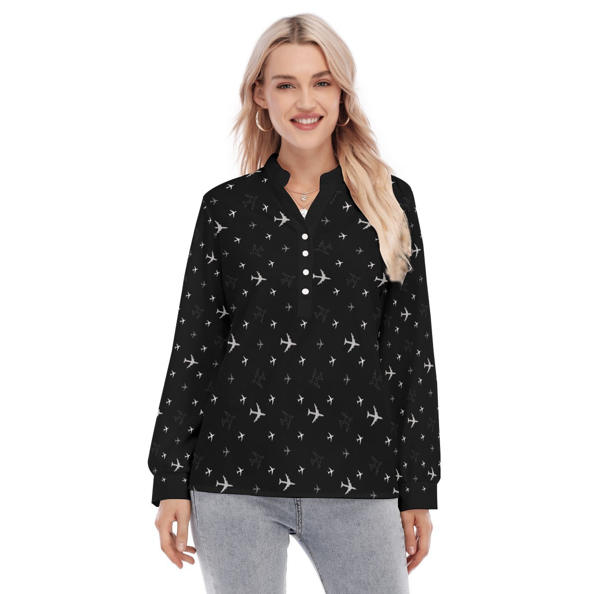 Women’s Skyline Graphic Blouse – Button-Up Aviation Style
