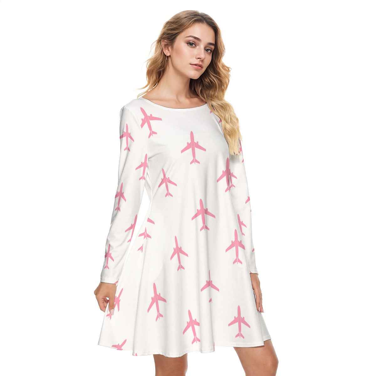 Vector&Vibes Pink & White 737 Aircraft Print Women's Round Neck Cotton Dress