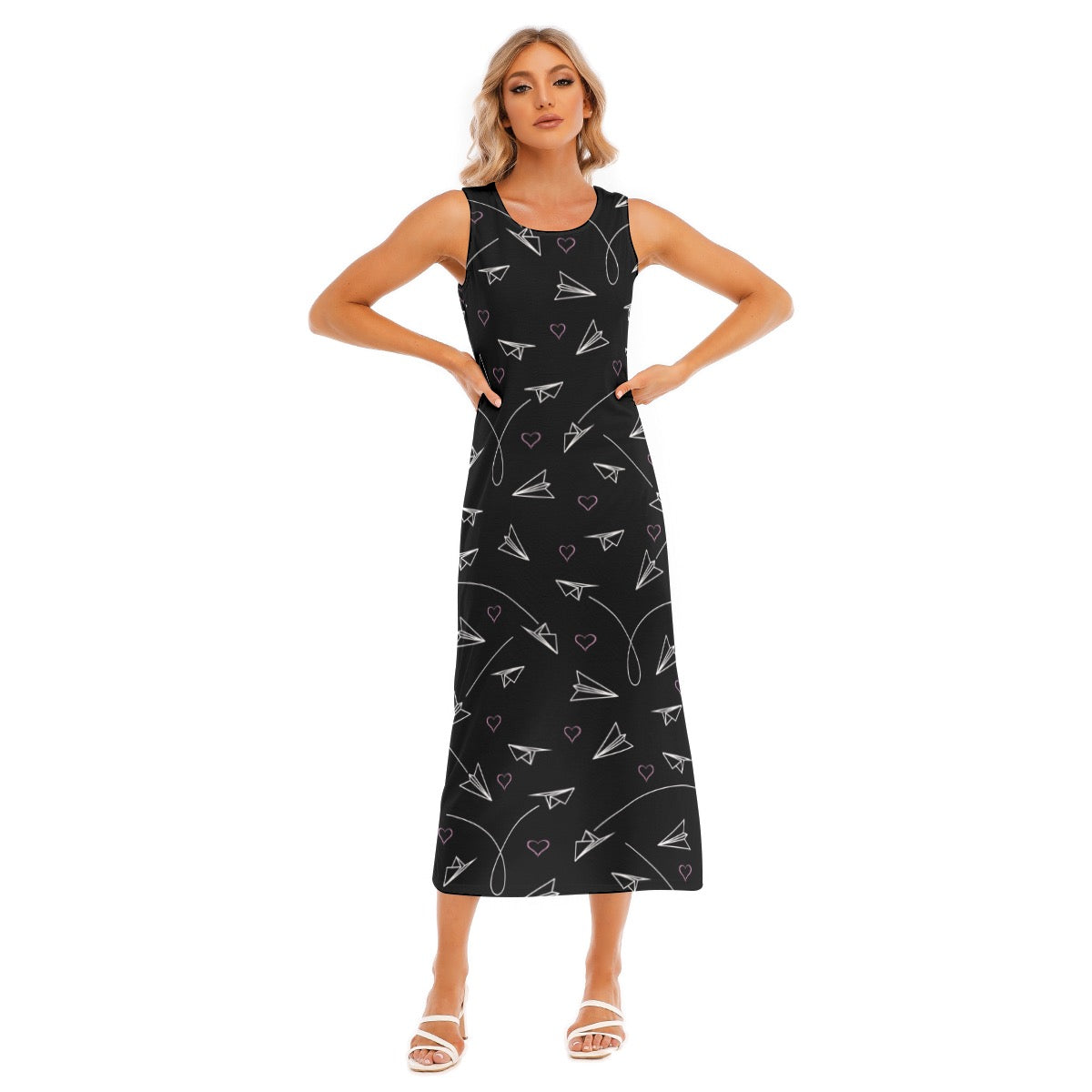Women’s Paper Airplane Graphic Tank Dress – Flowy Aviation Style