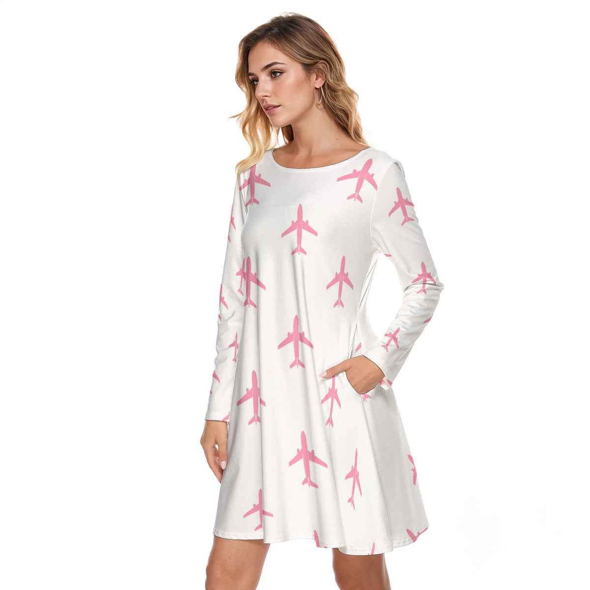 Vector&Vibes Pink & White 737 Aircraft Print Women's Round Neck Cotton Dress