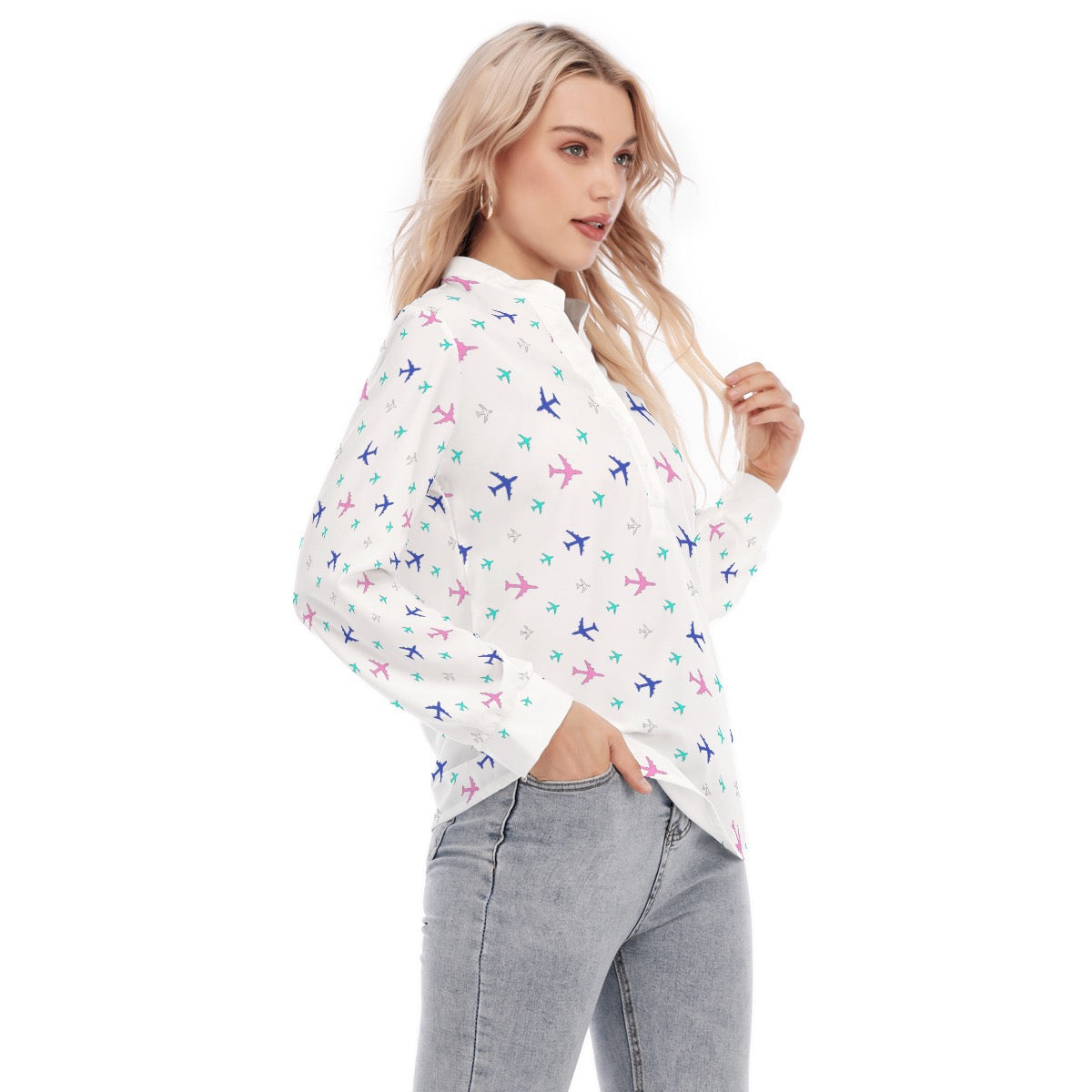 Women’s Skyline Graphic Blouse – Button-Up Aviation Style