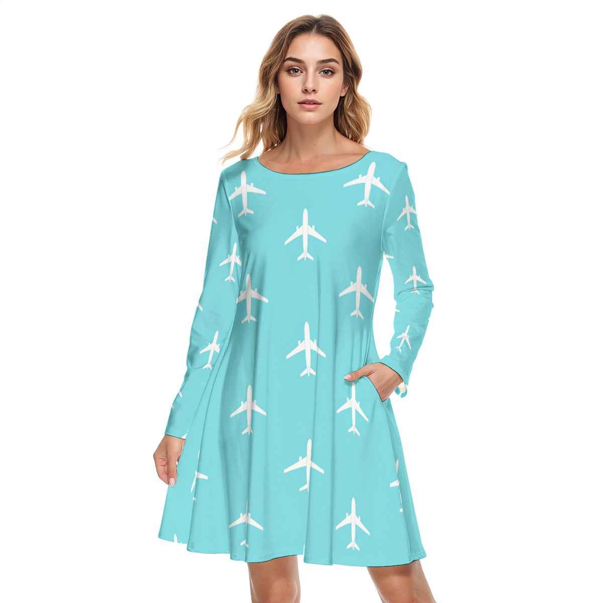 Vector&Vibes Women's Sky Blue 737 Aircraft Print Round Neck Cotton Dress