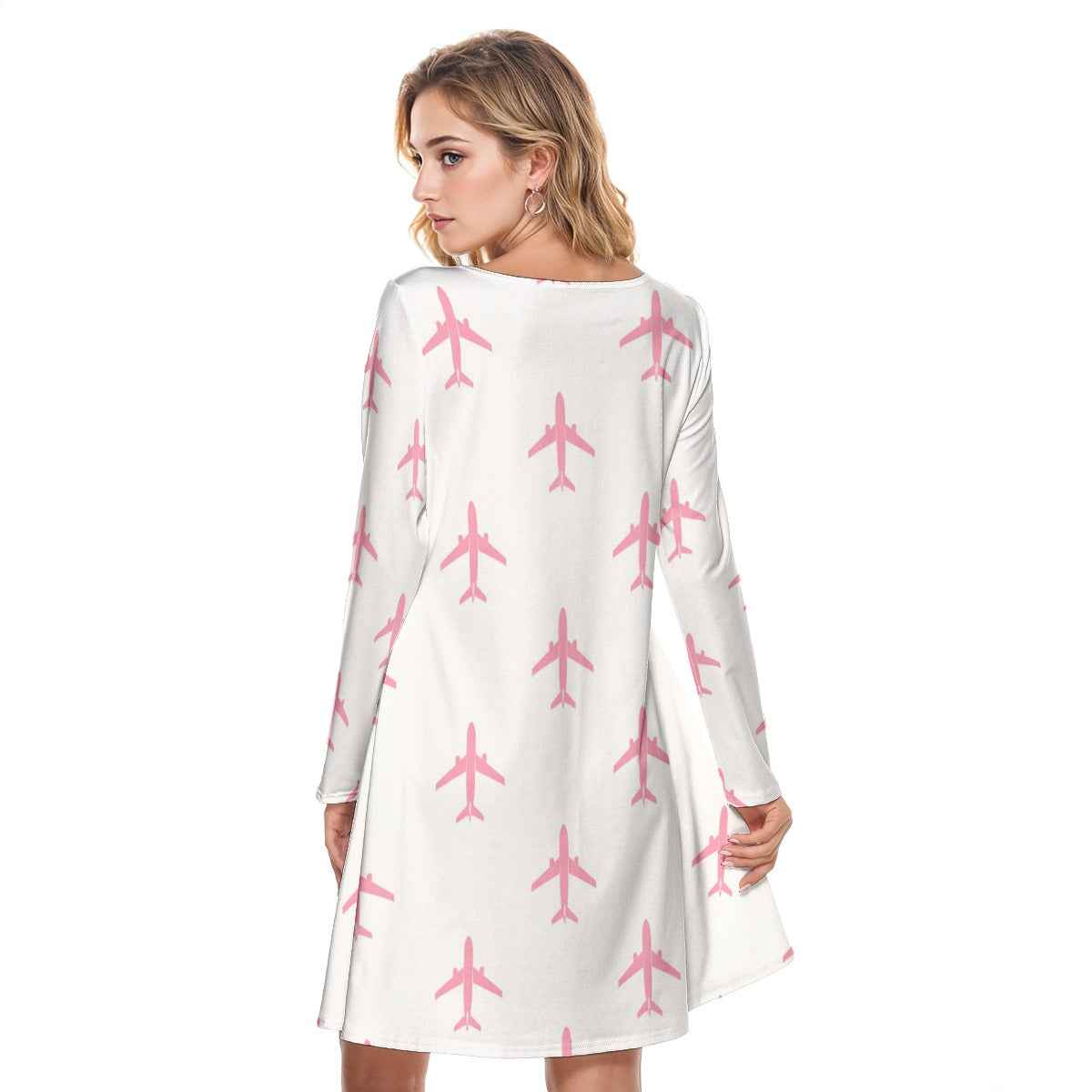 Vector&Vibes Pink & White 737 Aircraft Print Women's Round Neck Cotton Dress