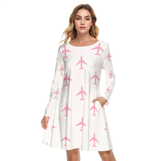 Vector&Vibes Pink & White 737 Aircraft Print Women's Round Neck Cotton Dress