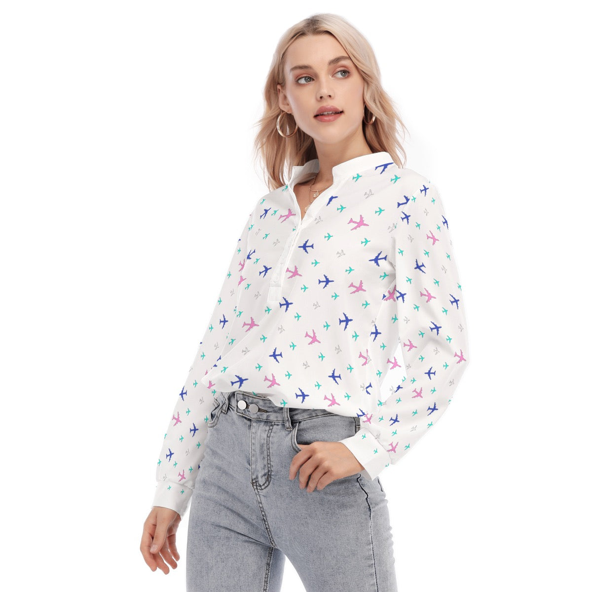 Women’s Skyline Graphic Blouse – Button-Up Aviation Style
