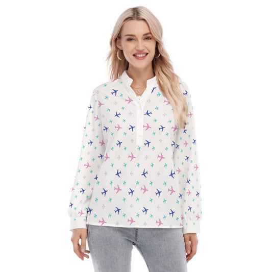 Women’s Skyline Graphic Blouse – Button-Up Aviation Style